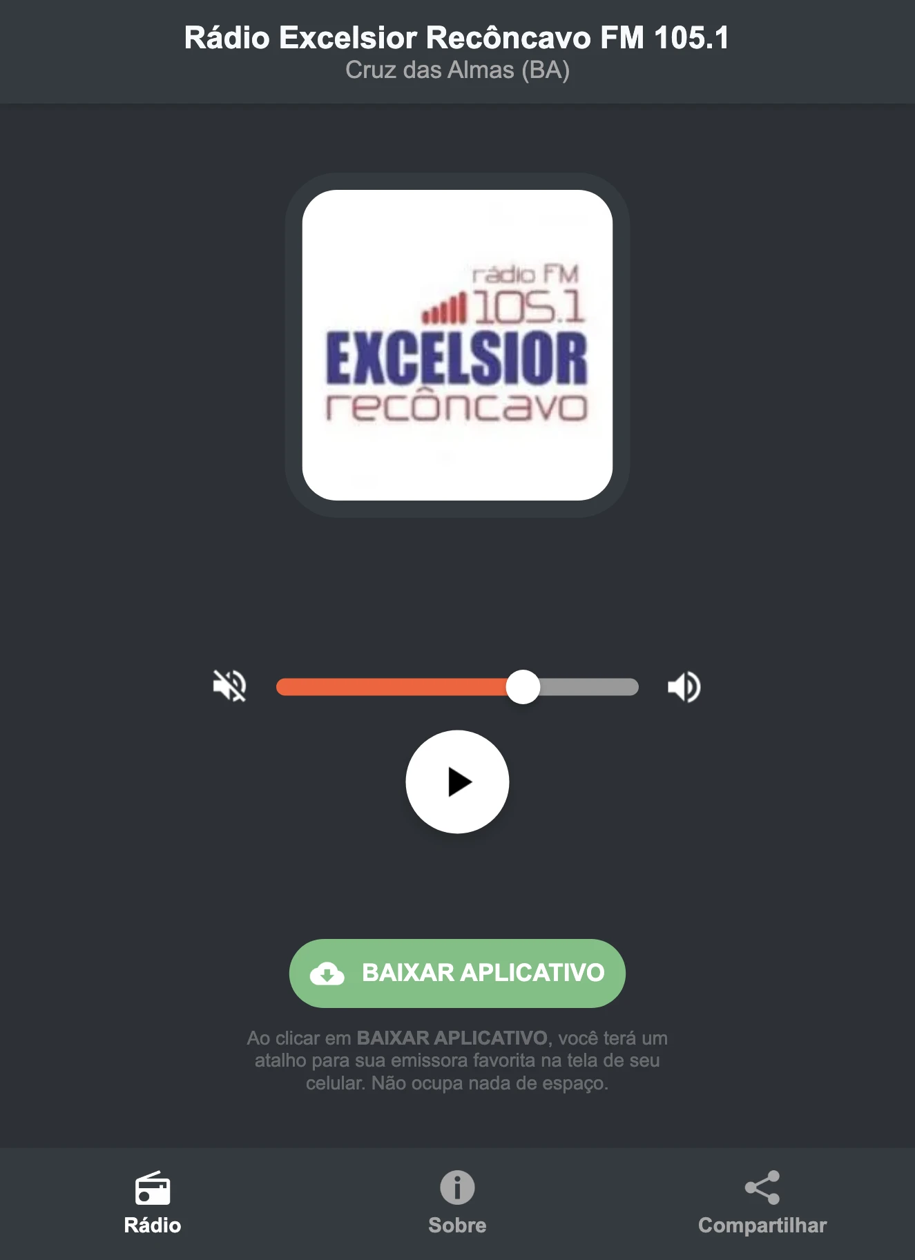 Screenshot do aplicativo da Rádio Excelsior Recôncavo FM 105.1