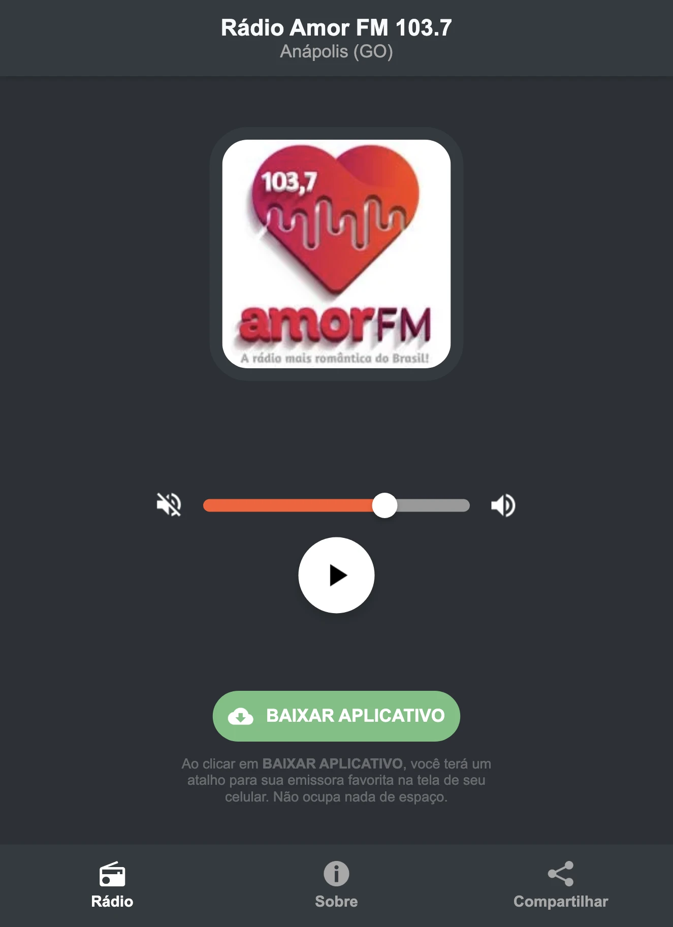 Screenshot do aplicativo da Rádio Amor FM 103.7