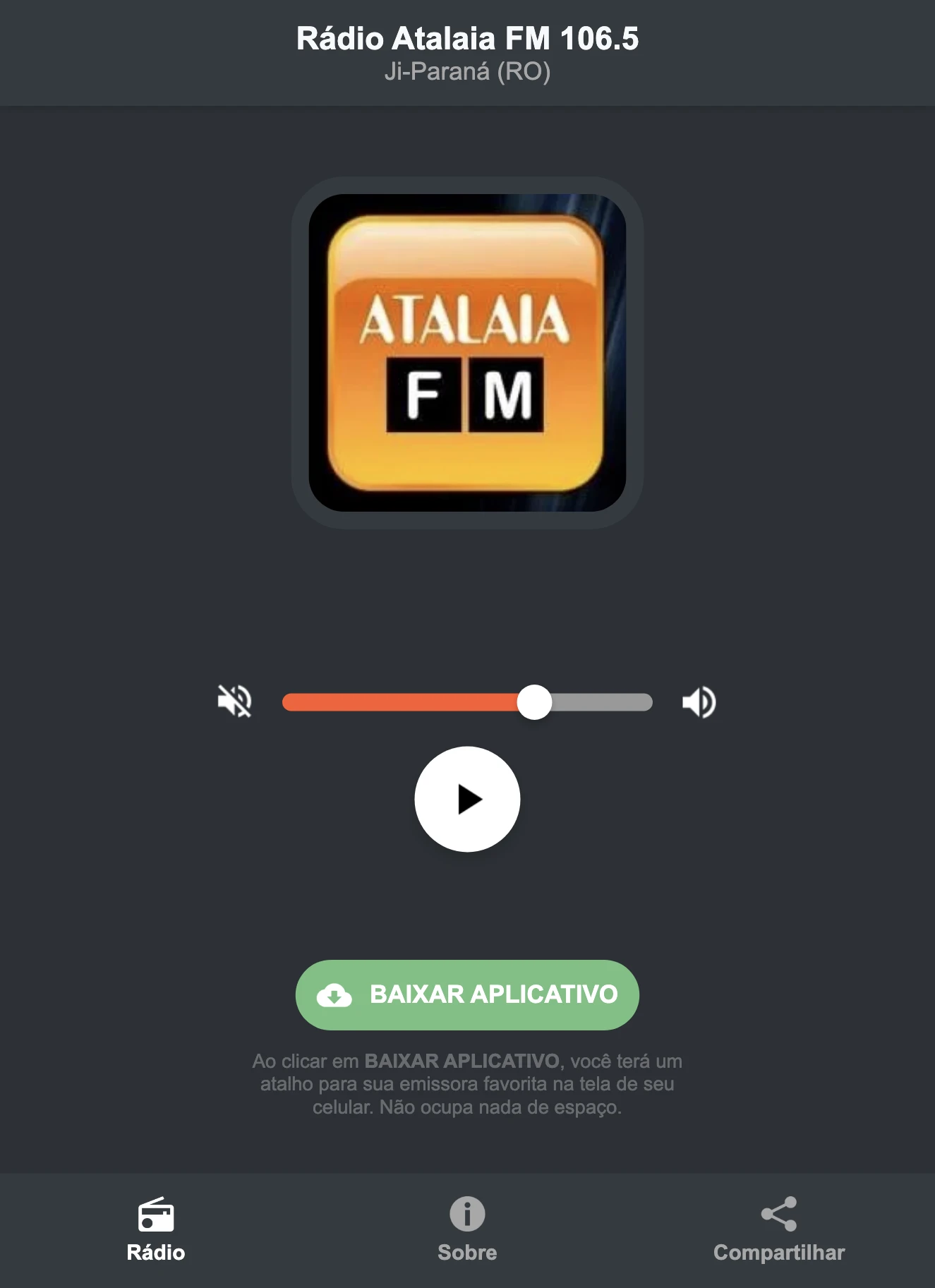 Screenshot do aplicativo da Rádio Atalaia FM 106.5