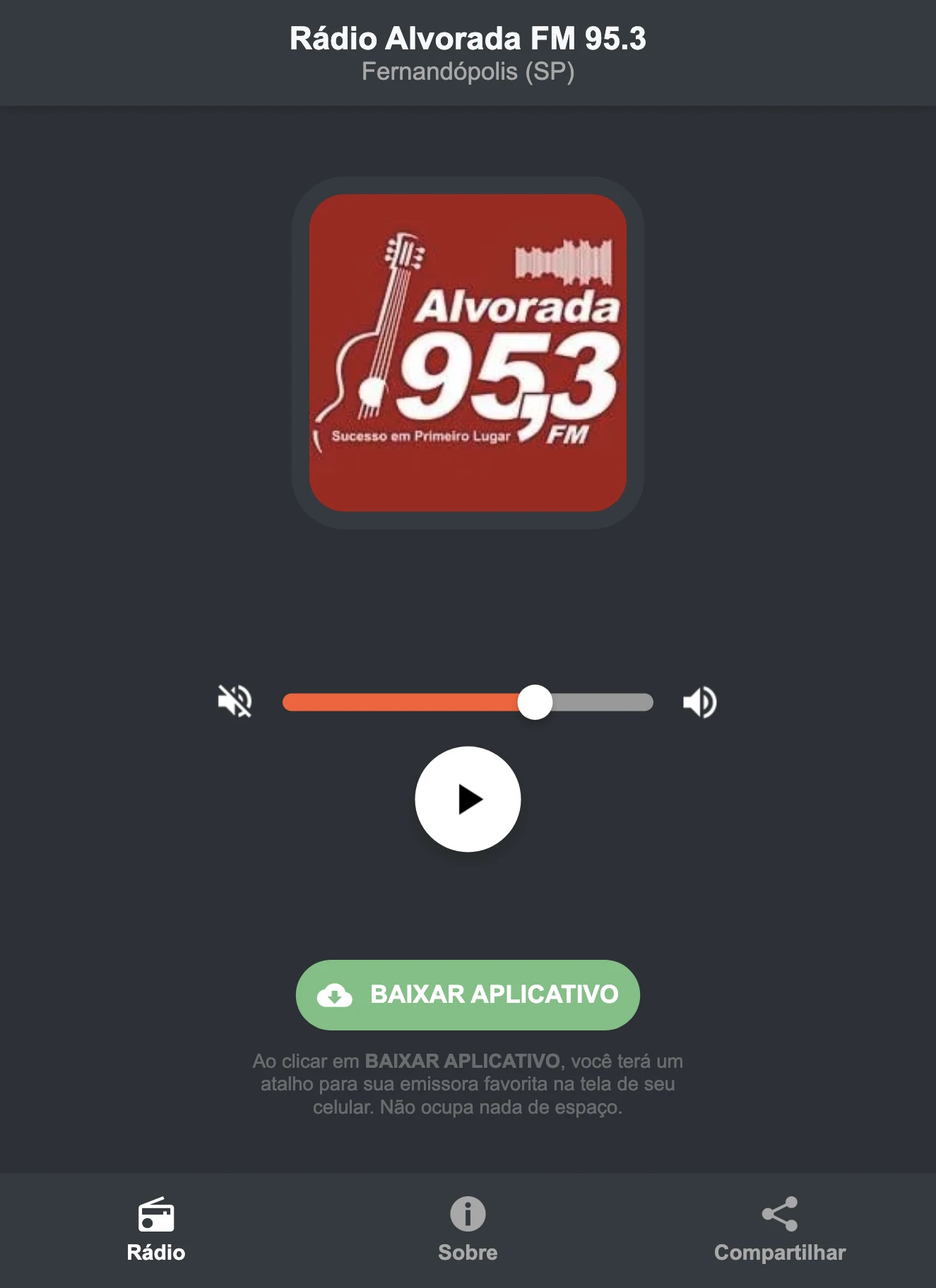 Screenshot do aplicativo da Rádio Alvorada FM 95.3