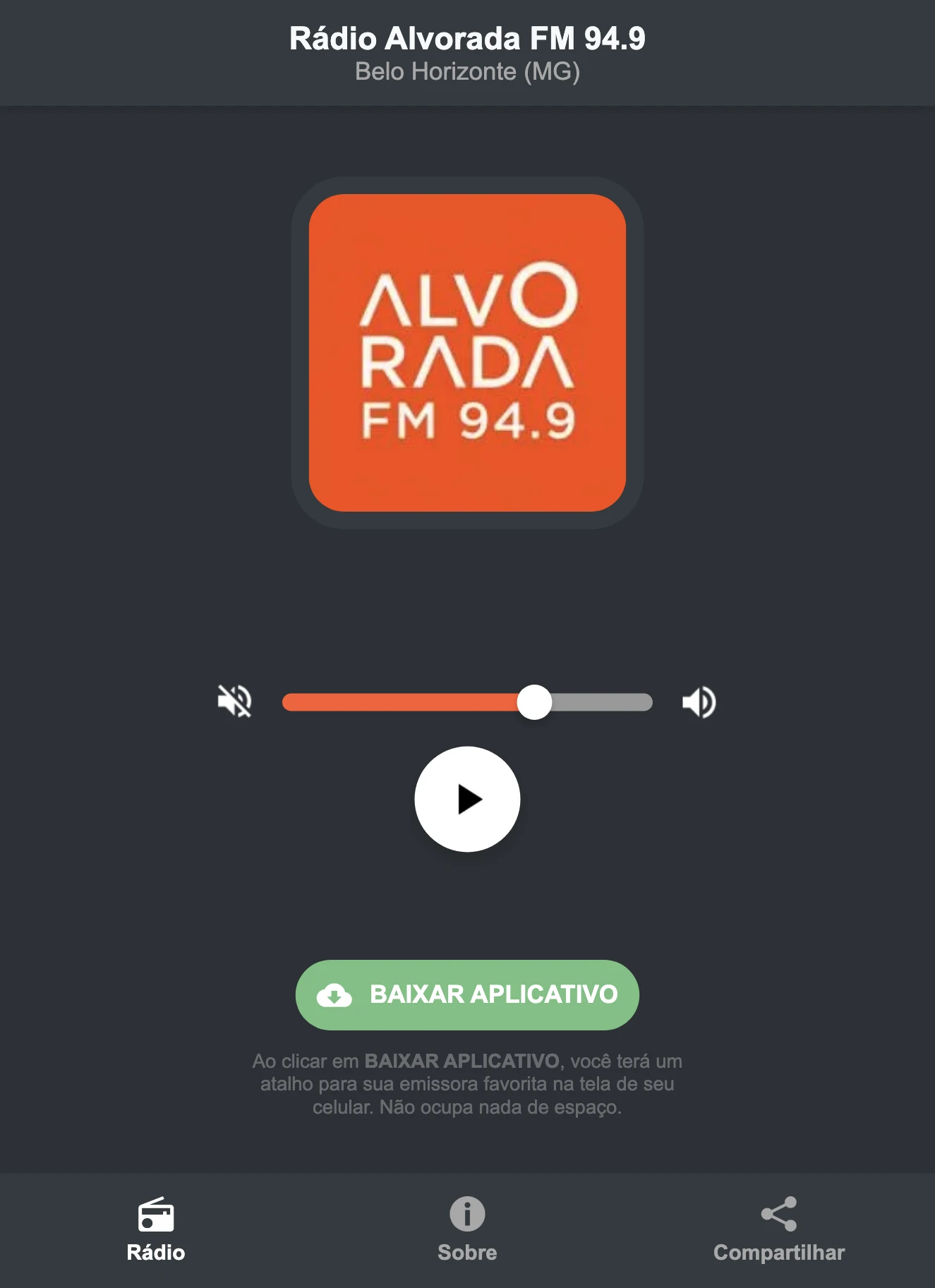 Screenshot do aplicativo da Rádio Alvorada FM 94.9