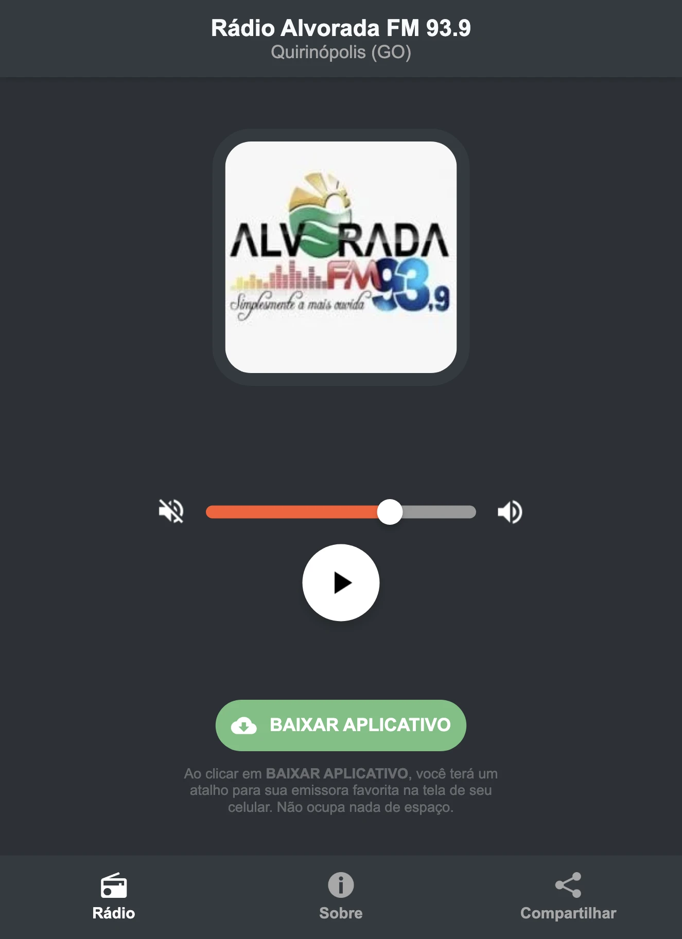 Screenshot do aplicativo da Rádio Alvorada FM 93.9