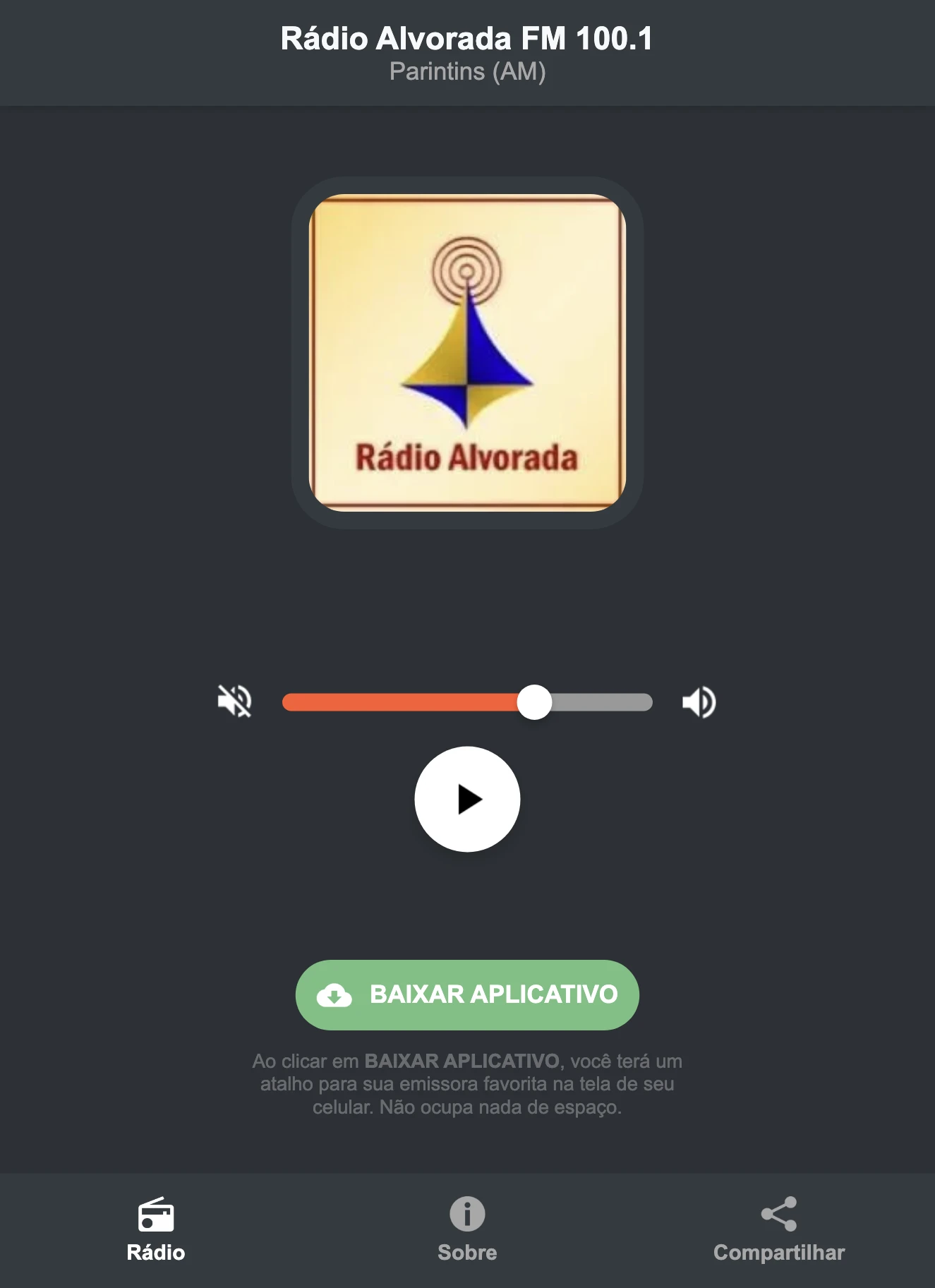 Screenshot do aplicativo da Rádio Alvorada FM 100.1