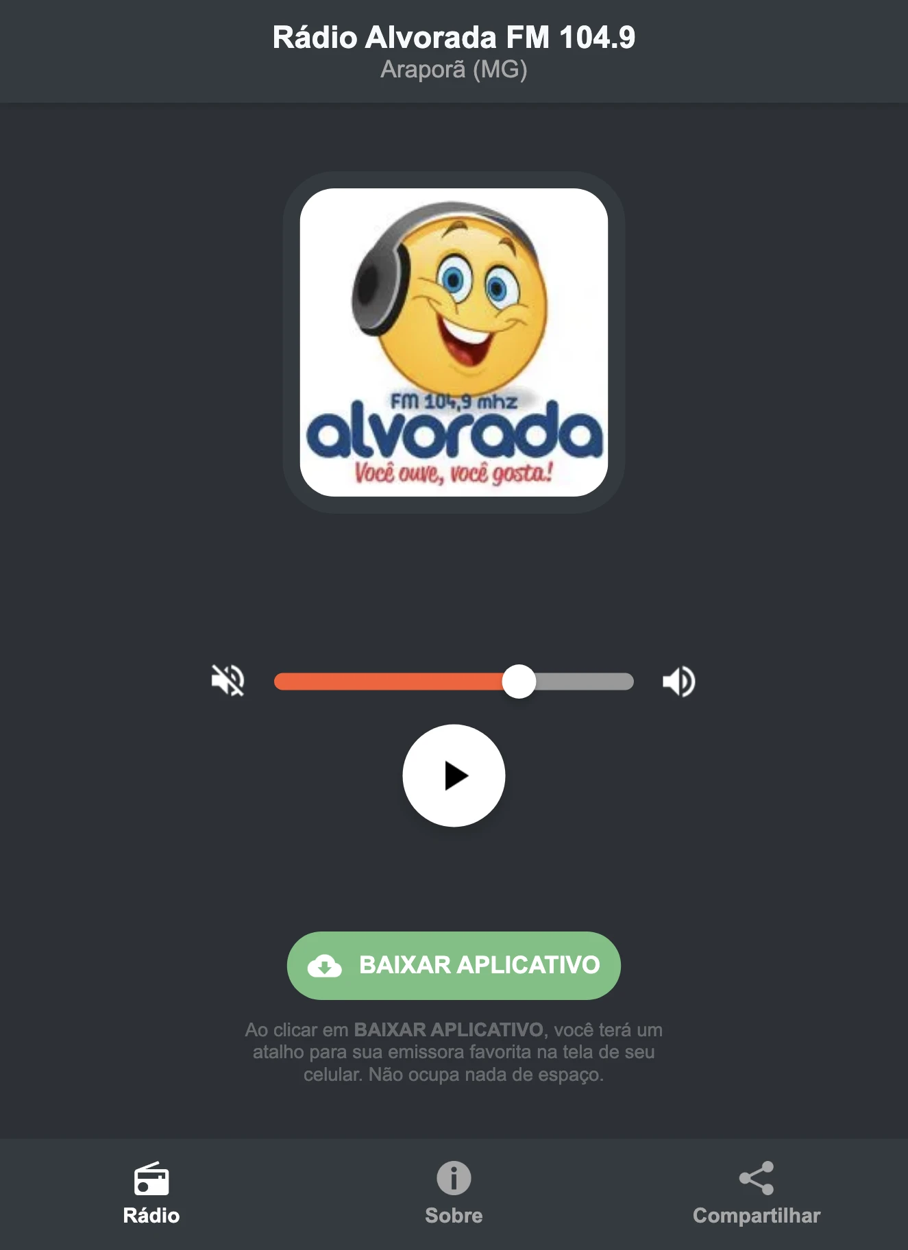 Screenshot do aplicativo da Rádio Alvorada FM 104.9
