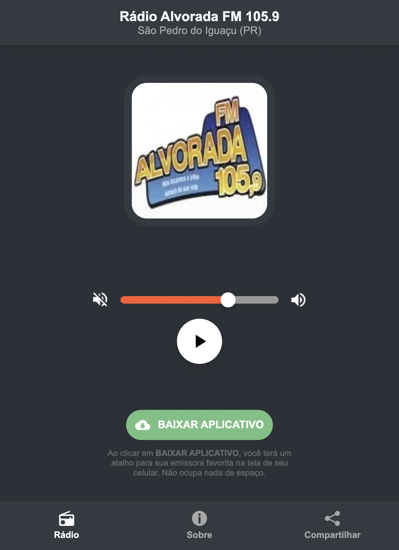 Screenshot do aplicativo da Rádio Alvorada FM 105.9