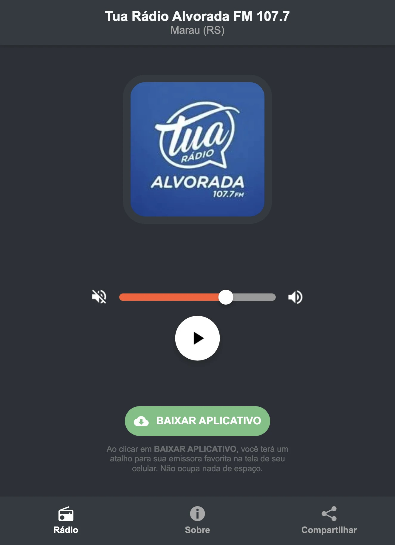Screenshot do aplicativo da Tua Rádio Alvorada FM 107.7