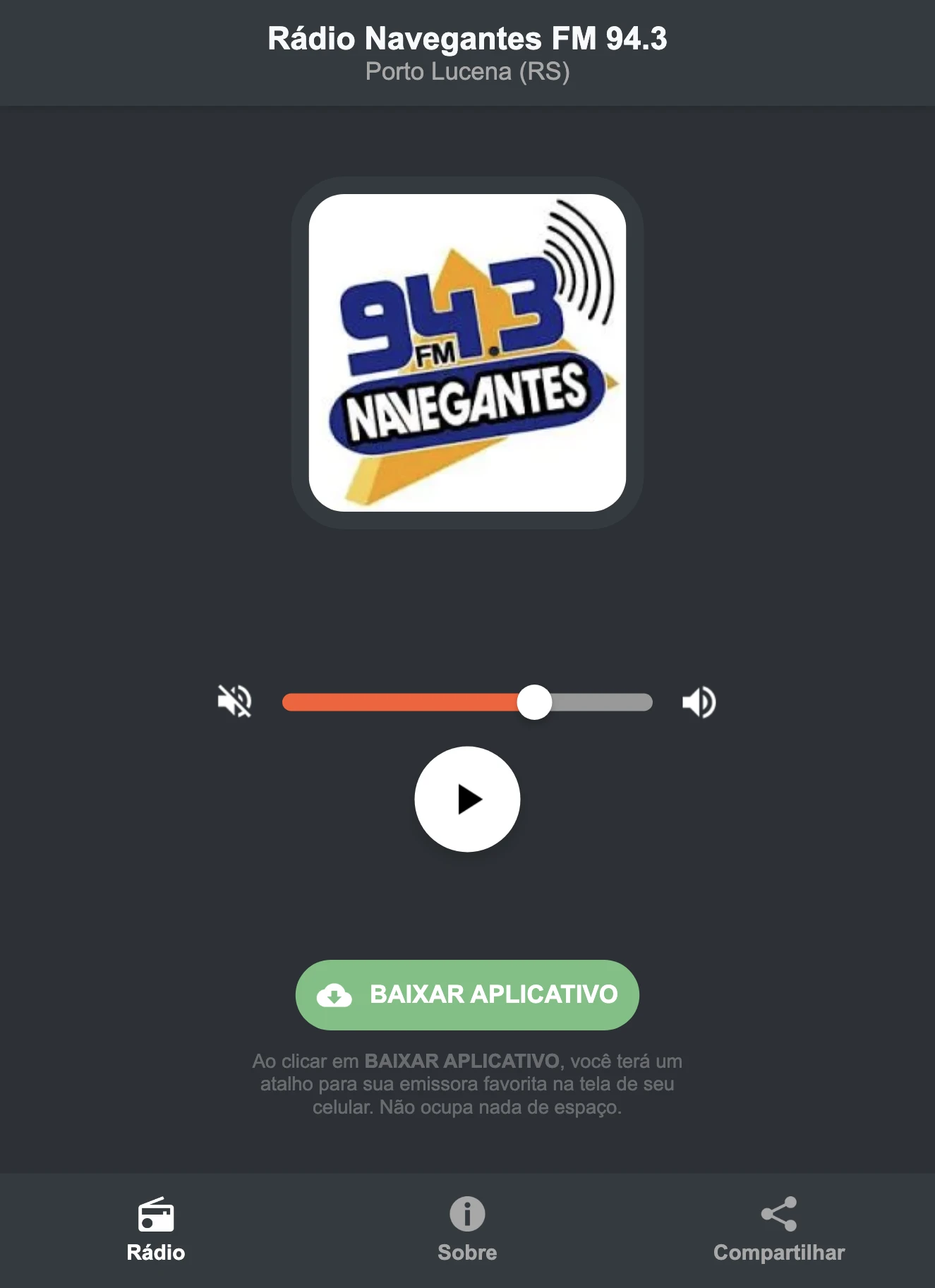 Screenshot do aplicativo da Rádio Navegantes FM 94.3
