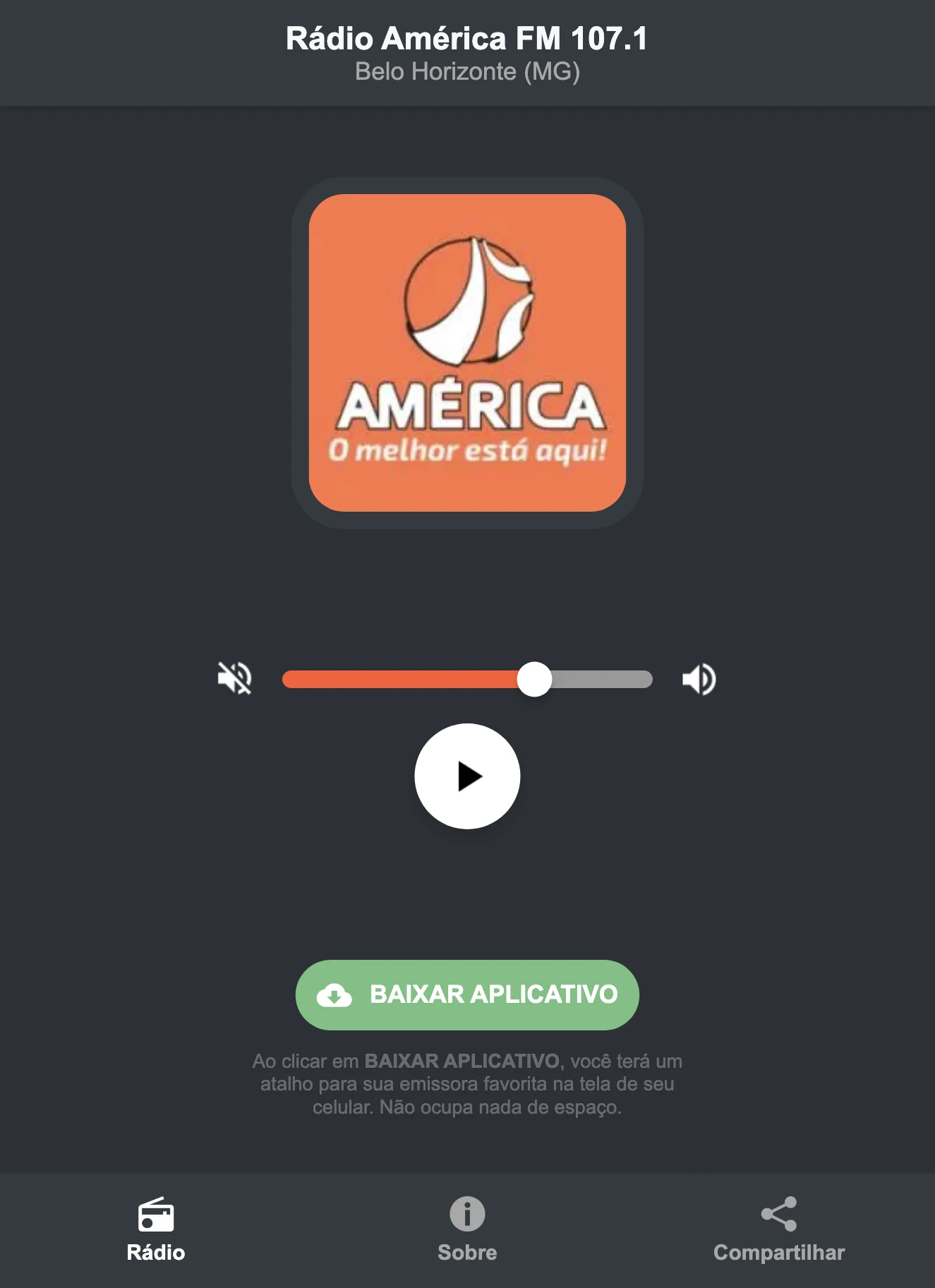 Screenshot do aplicativo da Rádio América FM 107.1