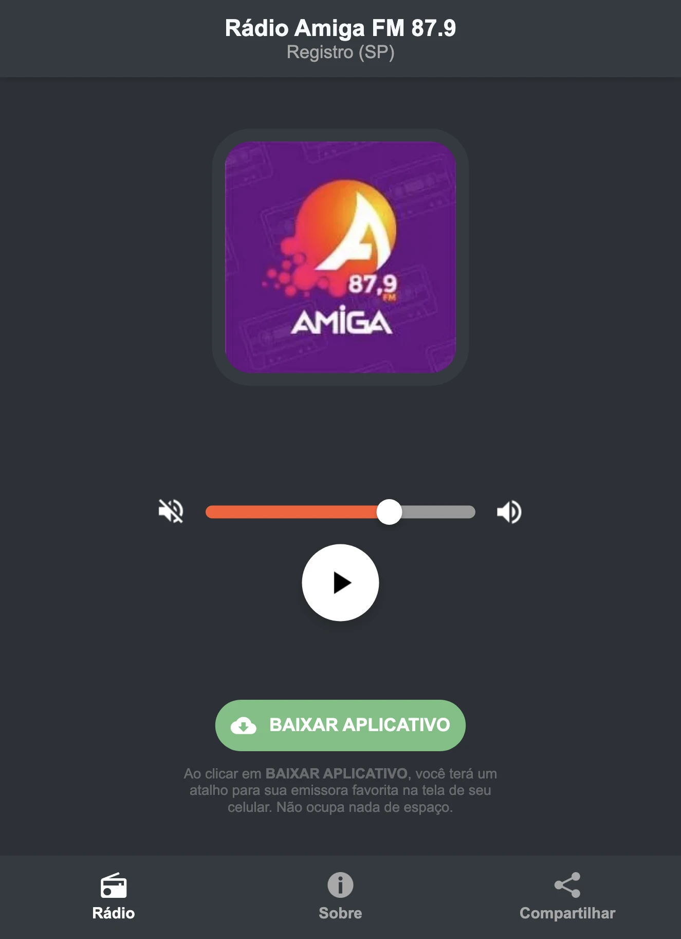 Screenshot do aplicativo da Rádio Amiga FM 87.9