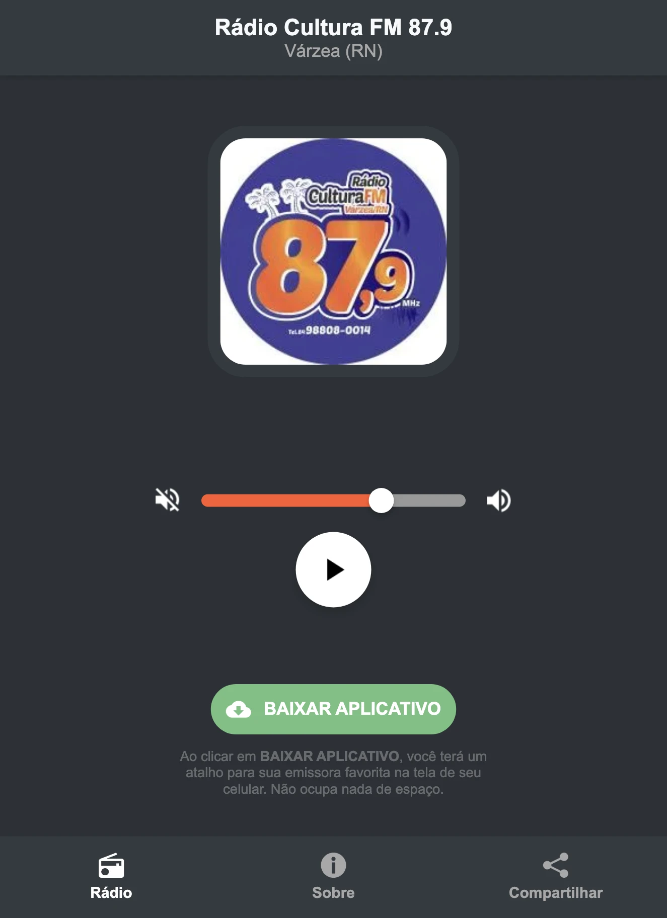 Screenshot do aplicativo da Rádio Cultura FM 87.9