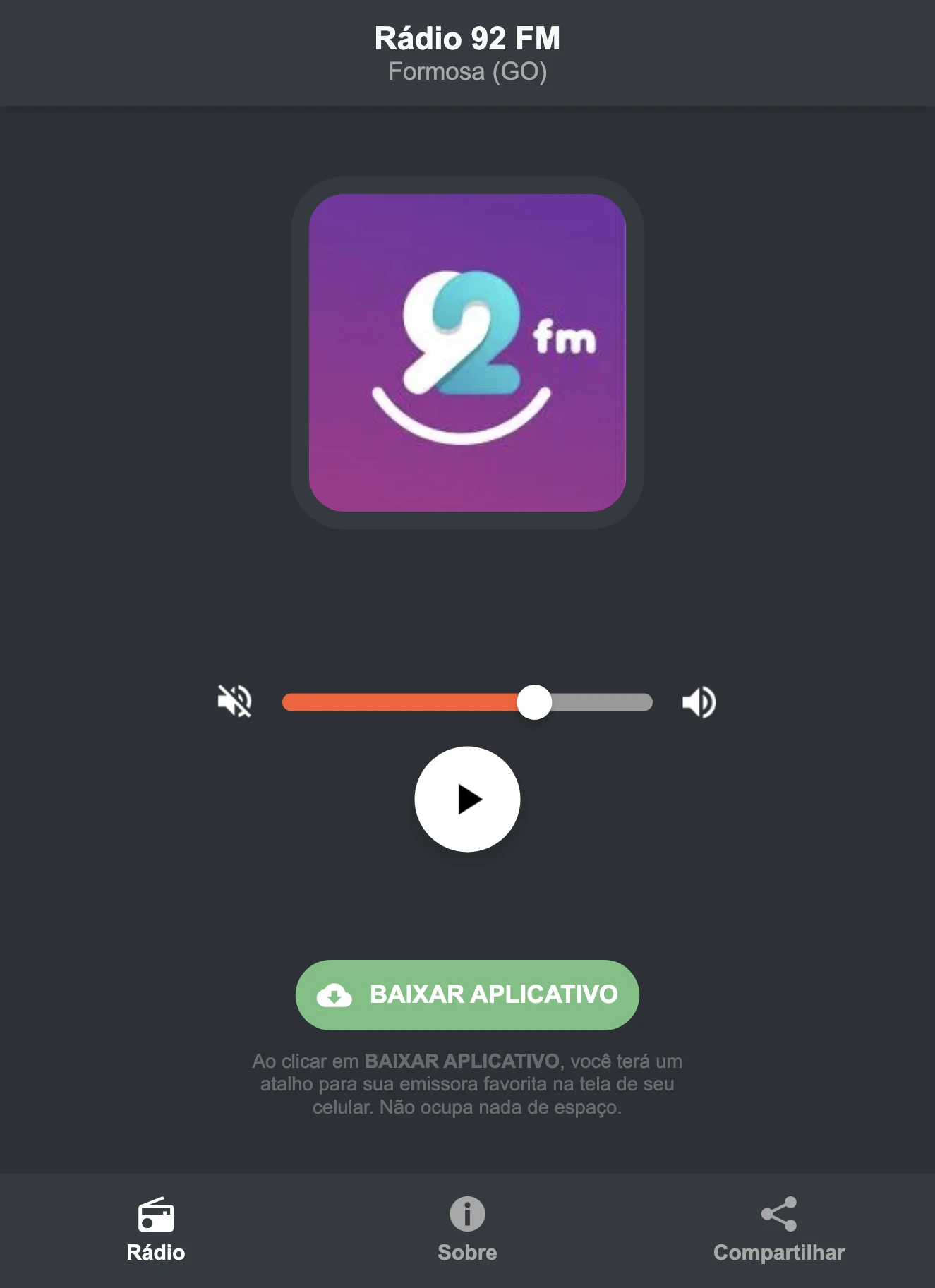 Screenshot do aplicativo da Rádio 92 FM