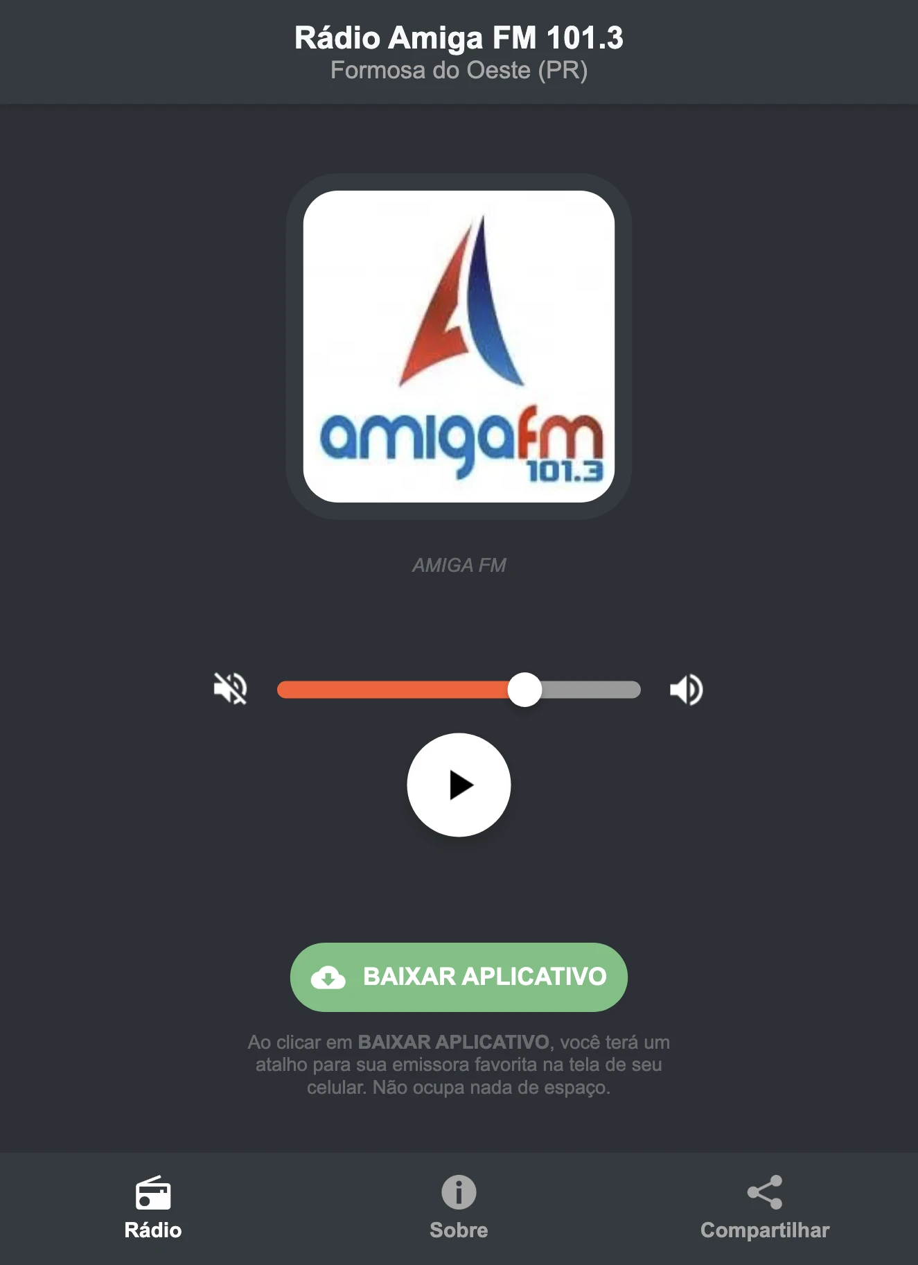 Screenshot do aplicativo da Rádio Amiga FM 101.3