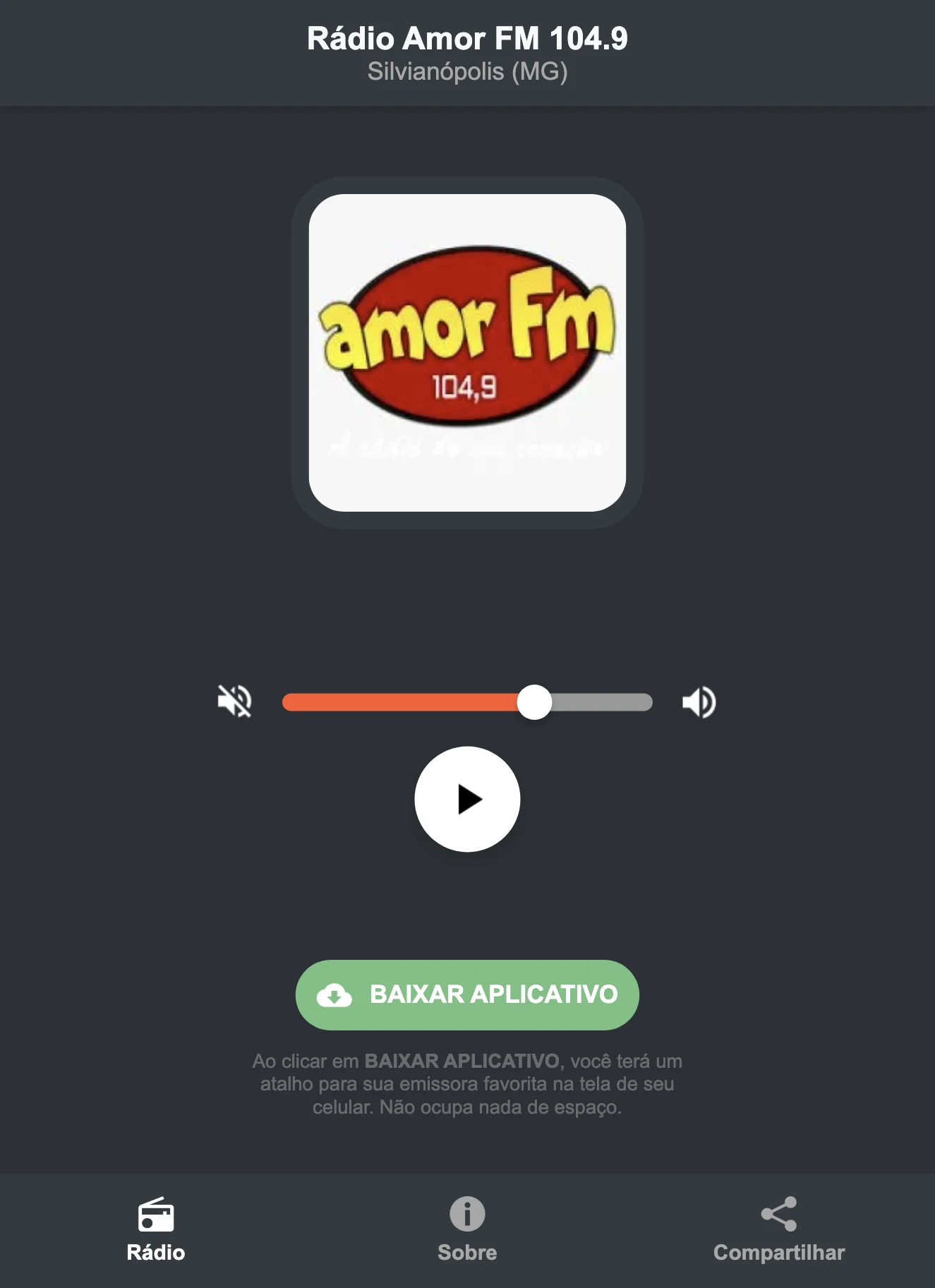 Screenshot do aplicativo da Rádio Amor FM 104.9