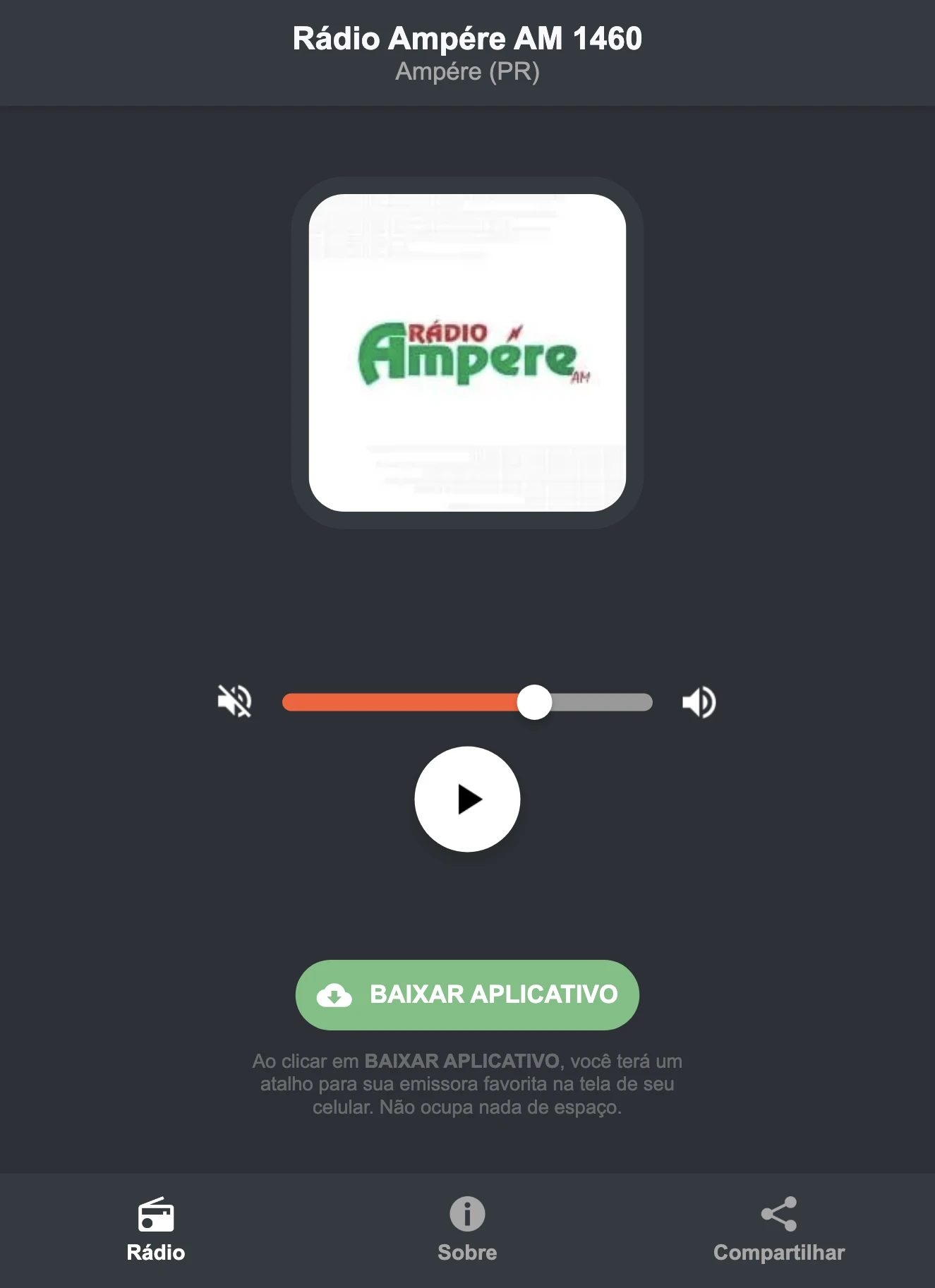 Screenshot do aplicativo da Rádio Ampére AM 1460