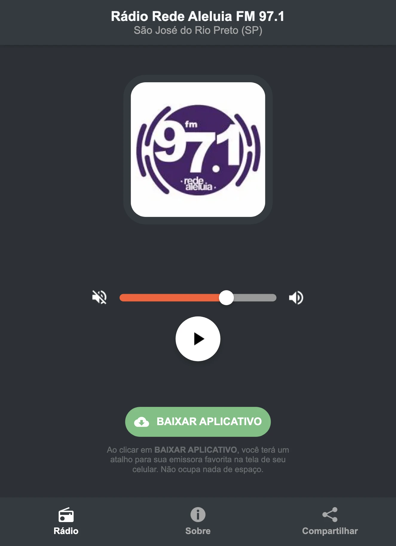 Screenshot do aplicativo da Rádio Rede Aleluia FM 97.1