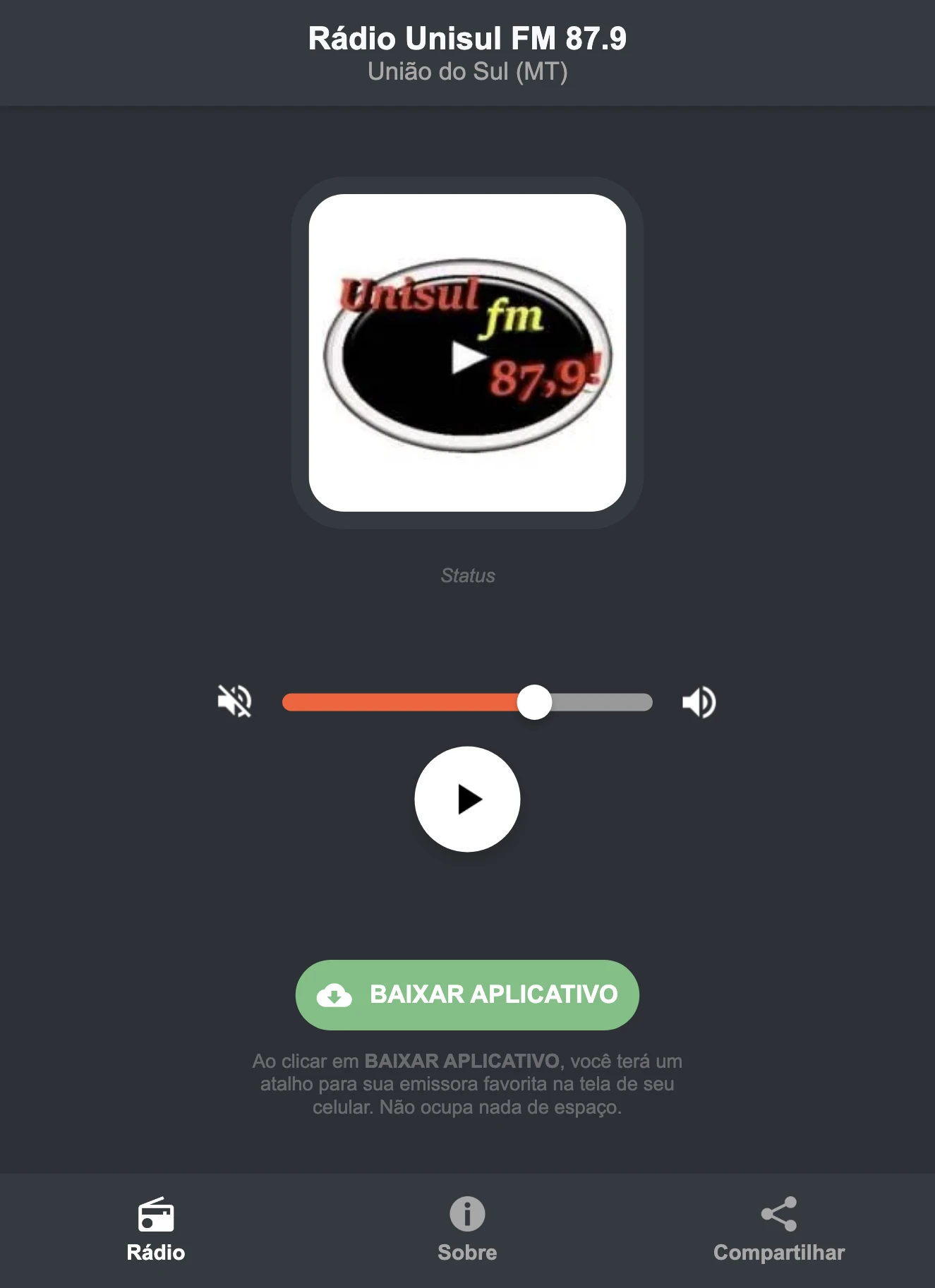 Screenshot do aplicativo da Rádio Unisul FM 87.9