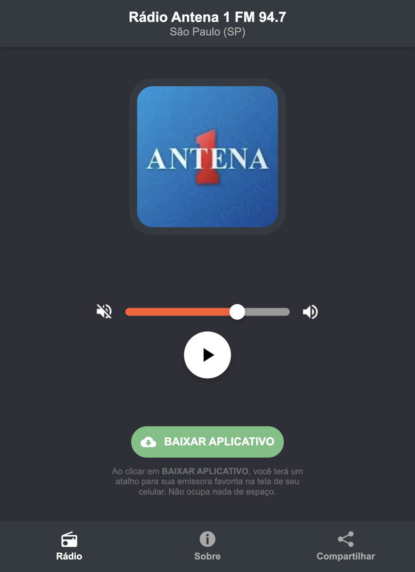 Screenshot do aplicativo da Rádio Antena 1 FM 94.7