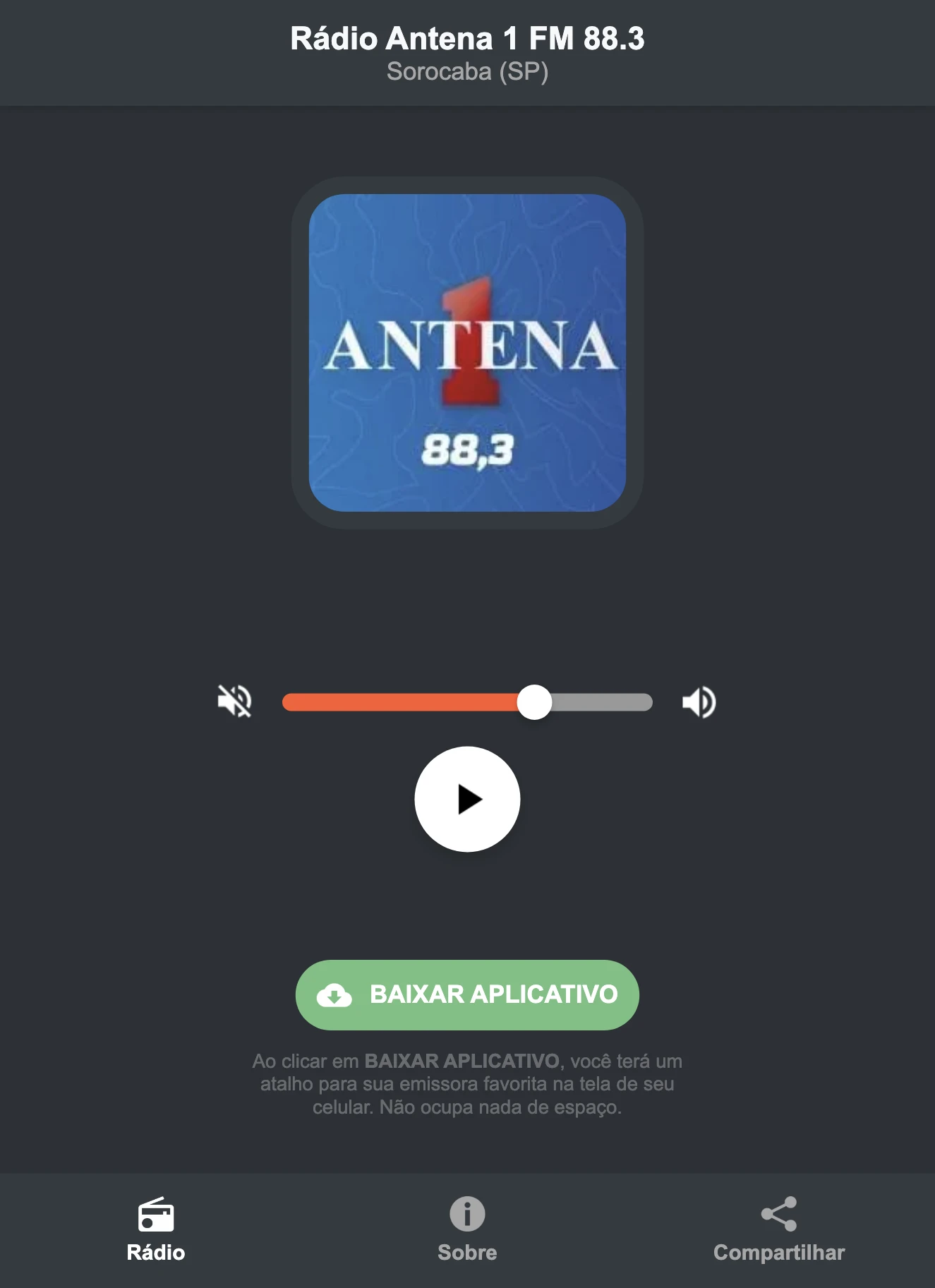 Screenshot do aplicativo da Rádio Antena 1 FM 88.3