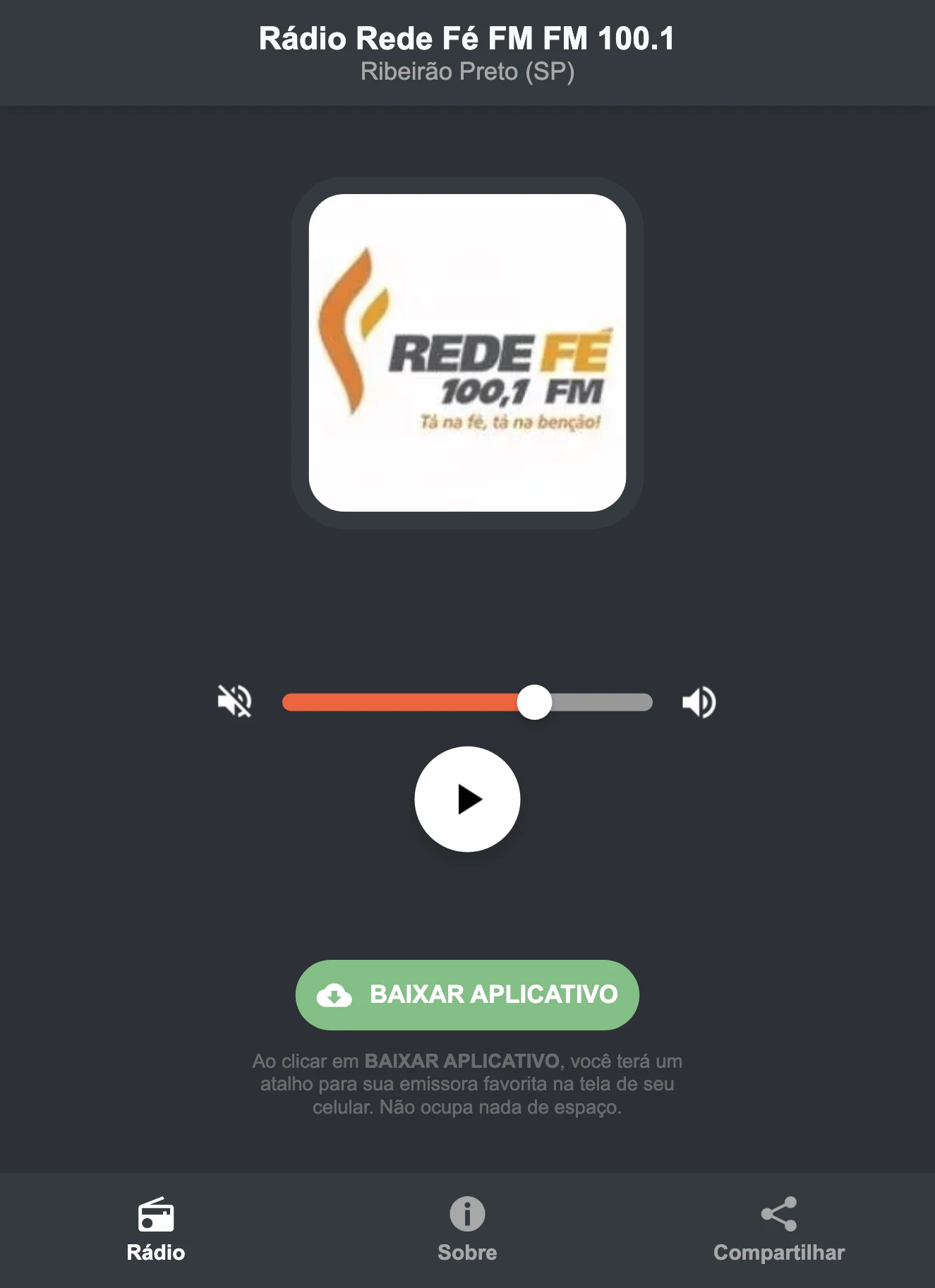 Screenshot do aplicativo da Rádio Rede Fé FM FM 100.1