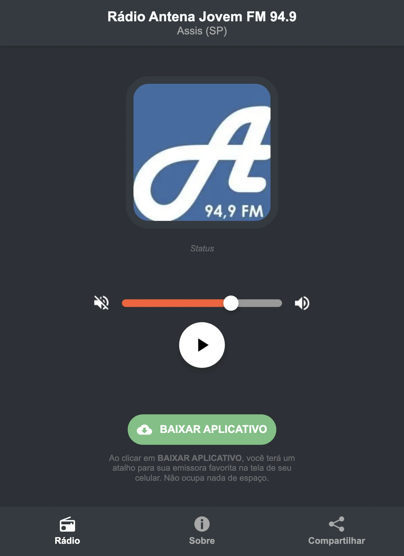 Screenshot do aplicativo da Rádio Antena Jovem FM 94.9