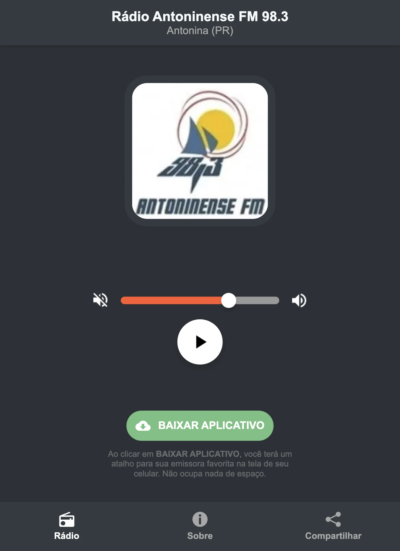 Screenshot do aplicativo da Rádio Antoninense FM 98.3