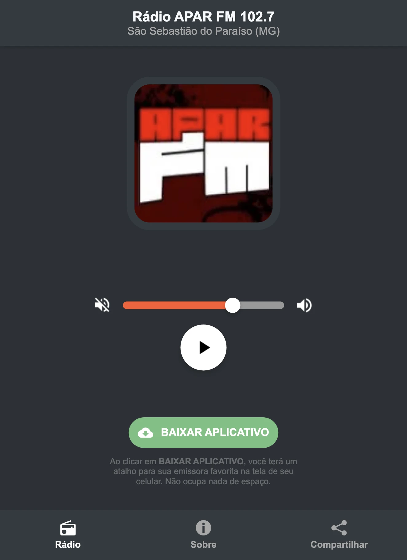 Screenshot do aplicativo da Rádio APAR FM 102.7