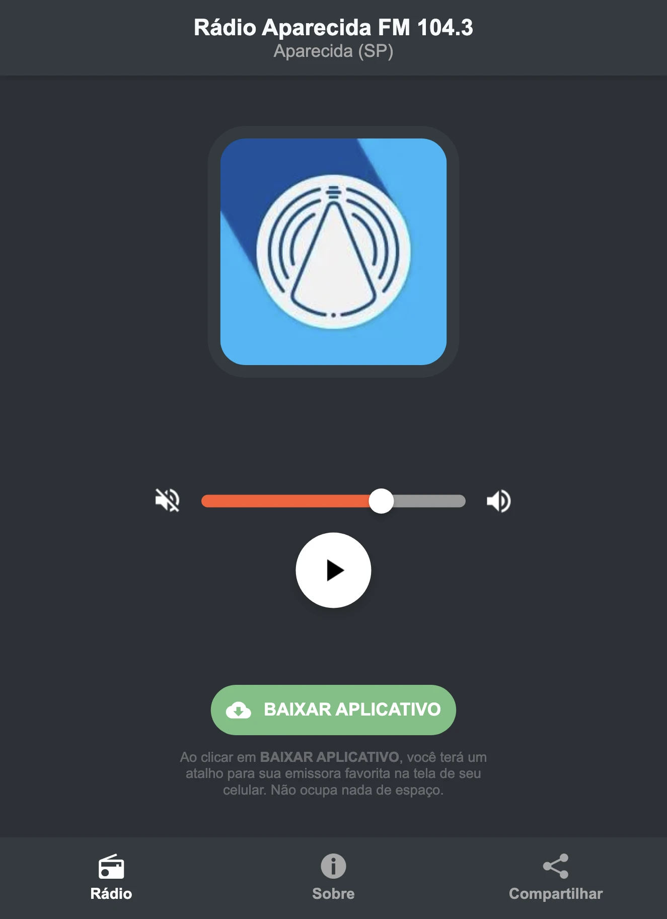 Screenshot do aplicativo da Rádio Aparecida FM 104.3