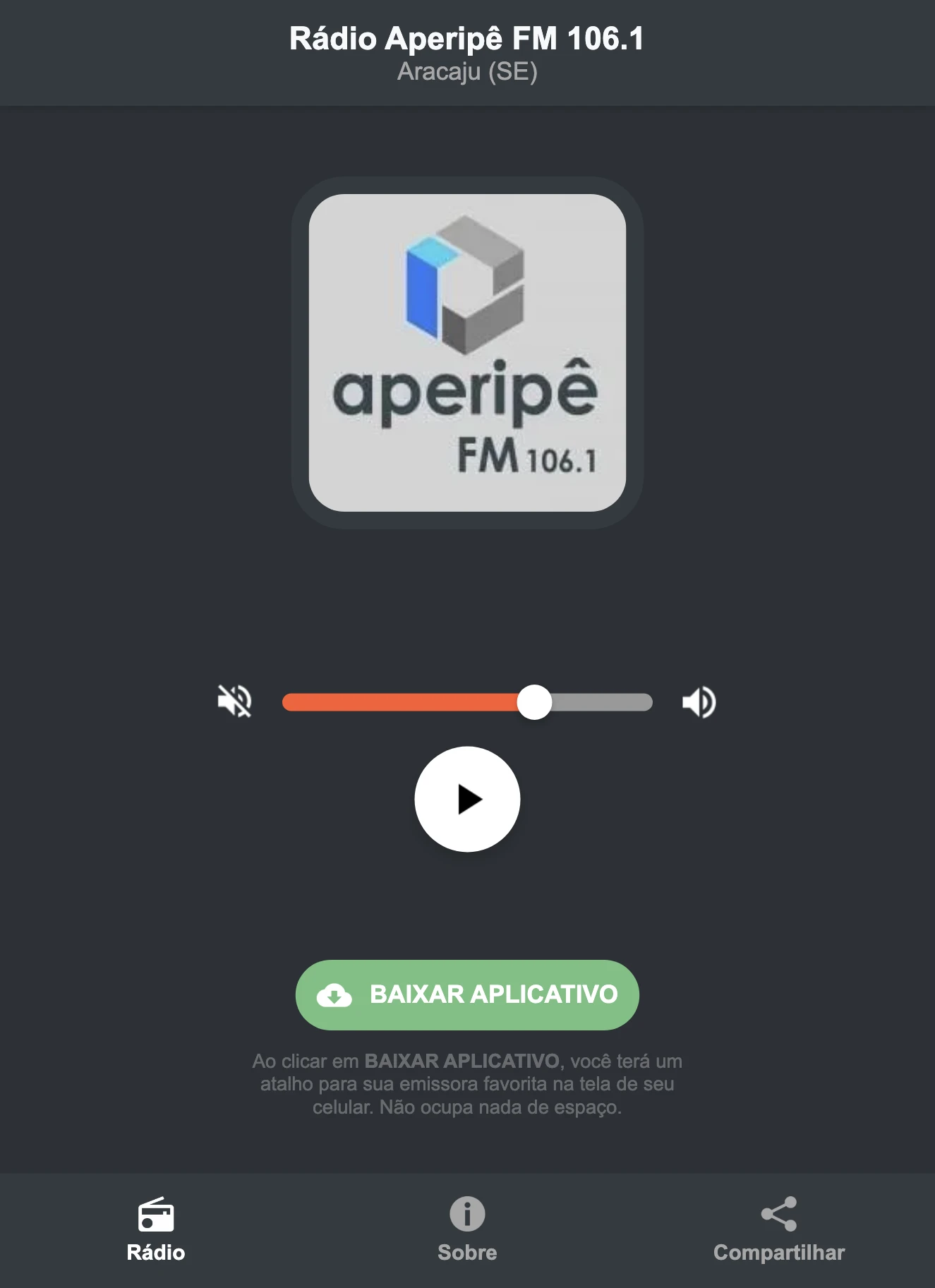 Screenshot do aplicativo da Rádio Aperipê FM 106.1