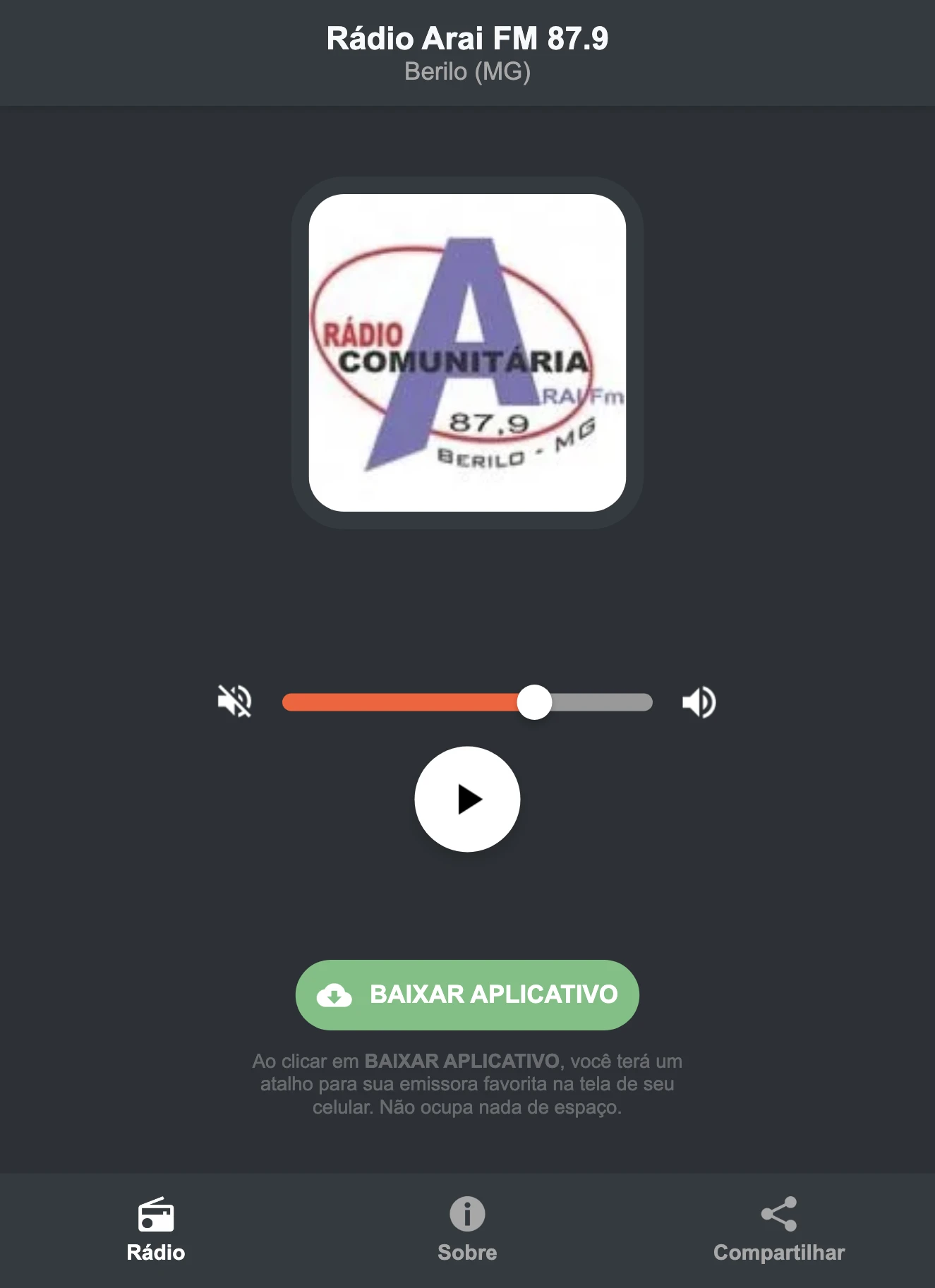 Screenshot do aplicativo da Rádio Arai FM 87.9