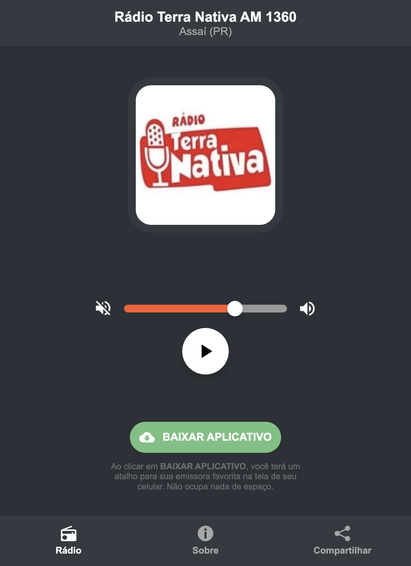Screenshot do aplicativo da Rádio Terra Nativa AM 1360