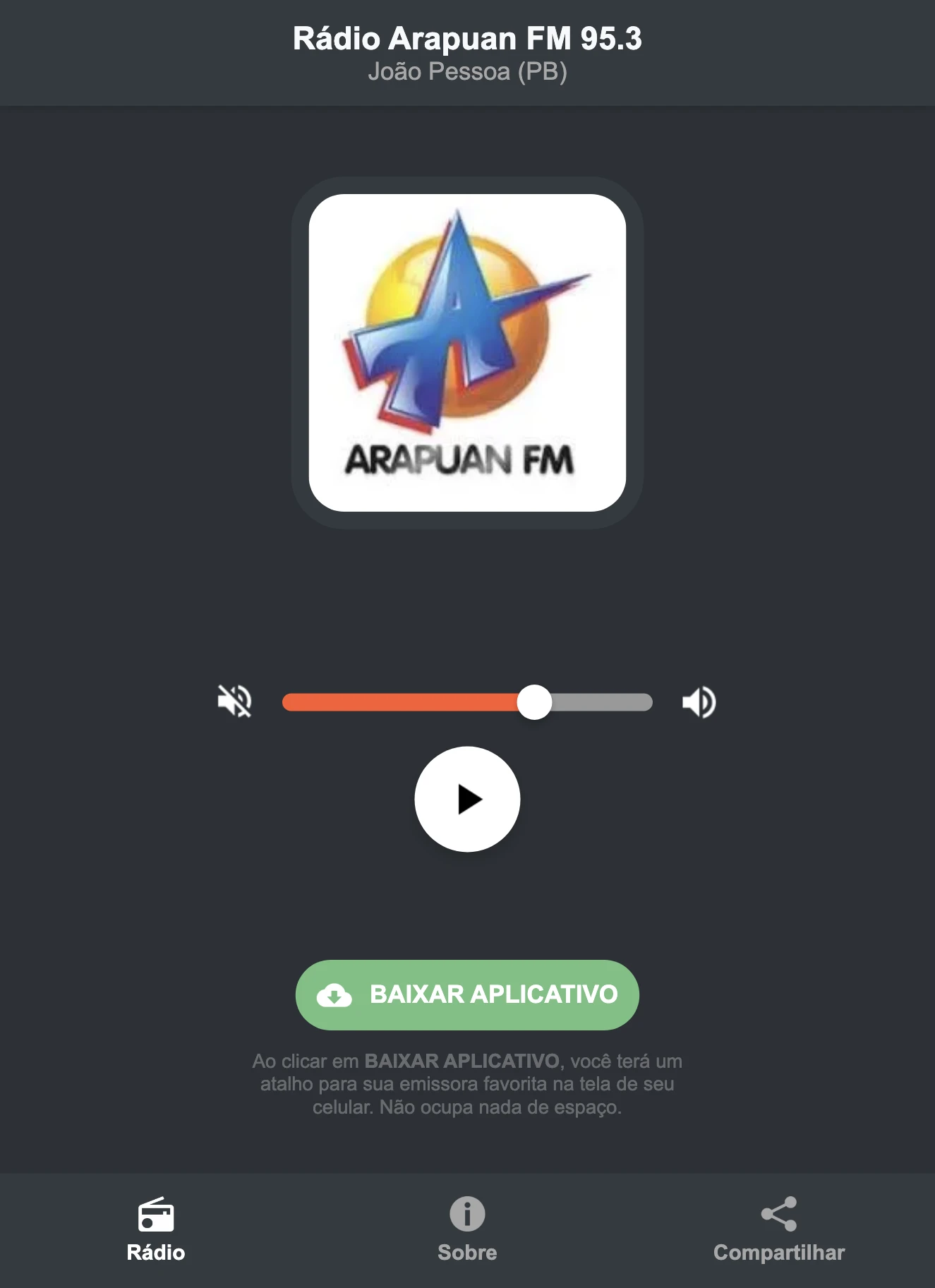 Screenshot do aplicativo da Rádio Arapuan FM 95.3