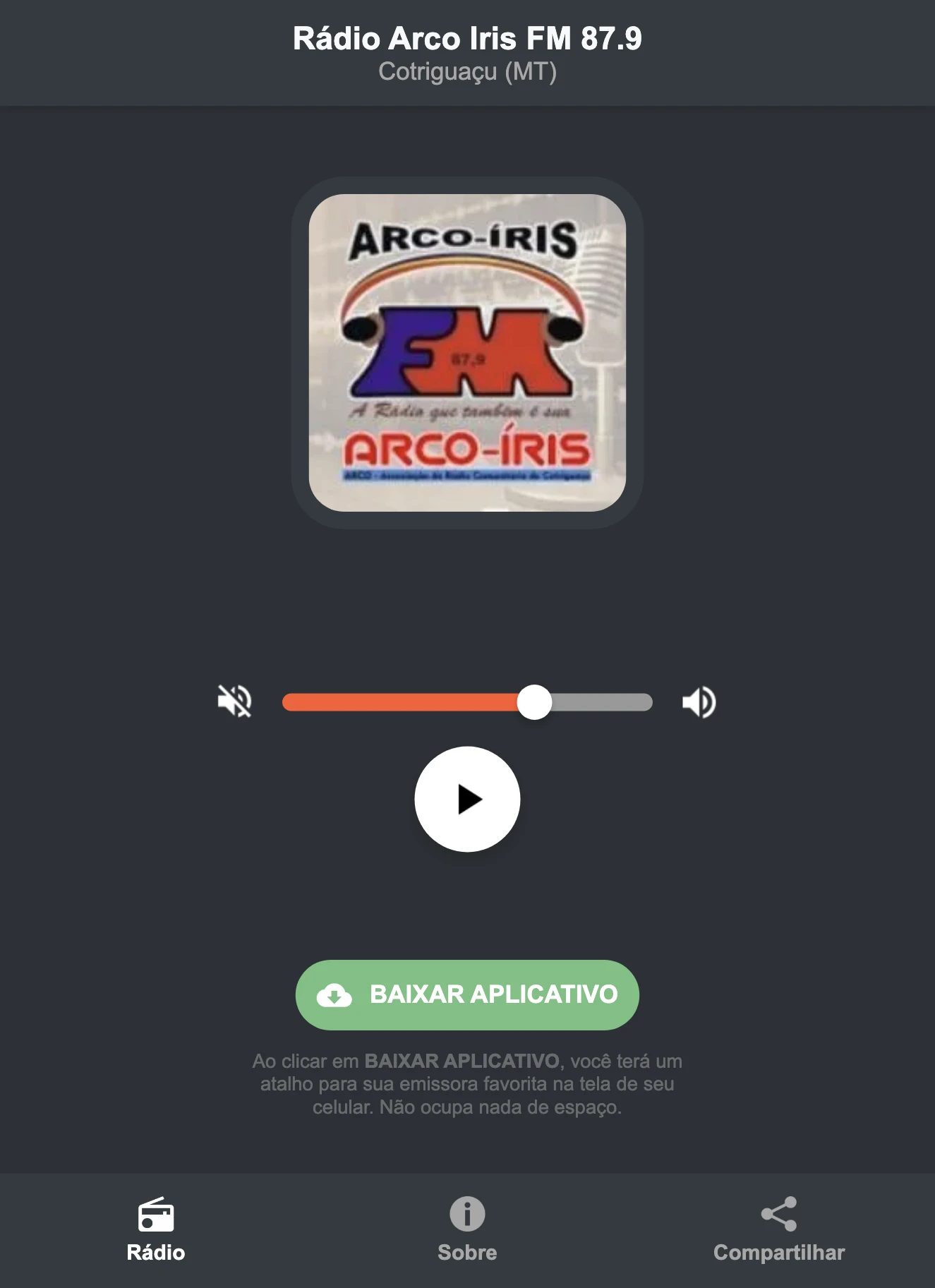 Screenshot do aplicativo da Rádio Arco Iris FM 87.9