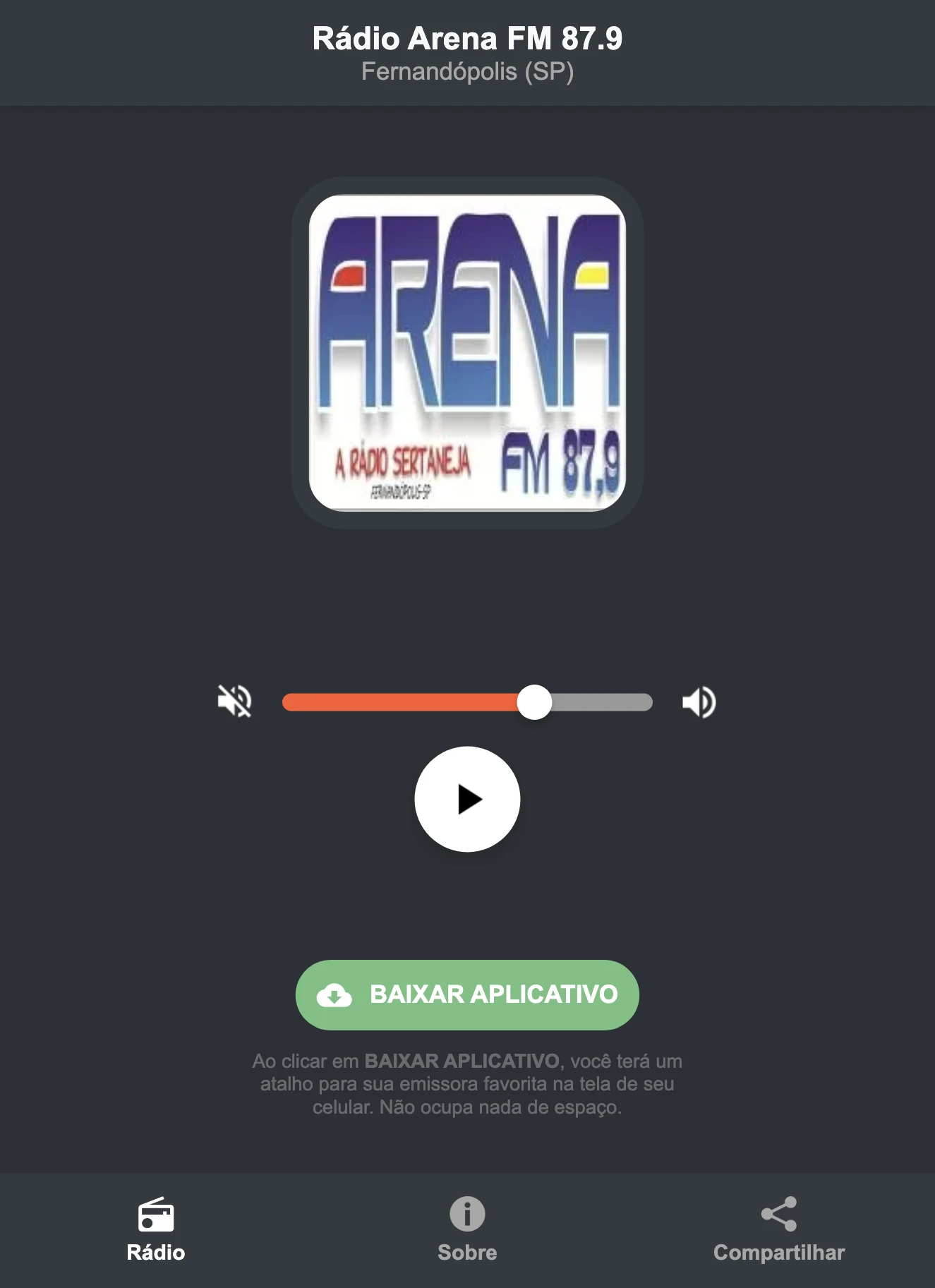 Screenshot do aplicativo da Rádio Arena FM 87.9