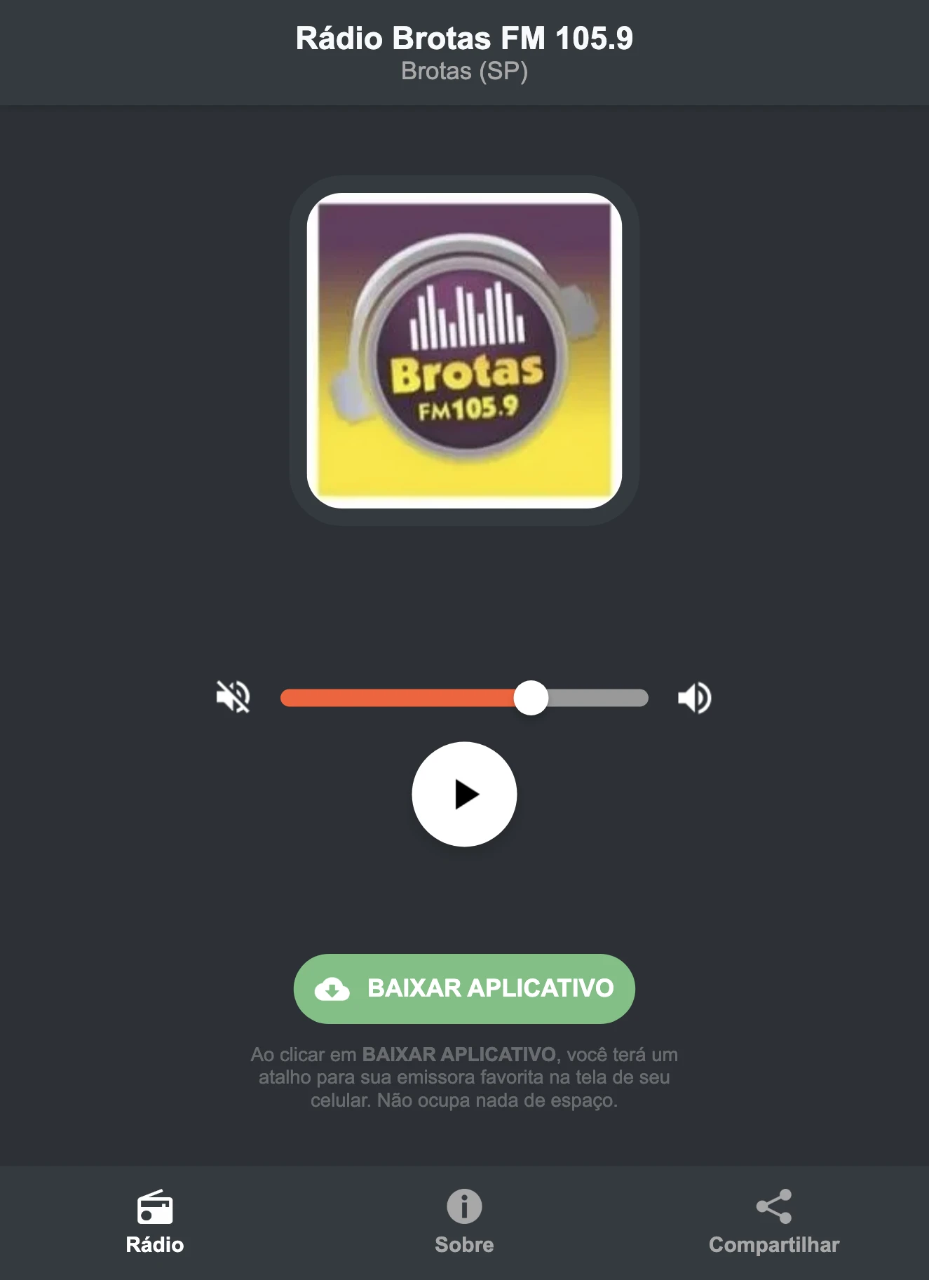 Screenshot do aplicativo da Rádio Brotas FM 105.9