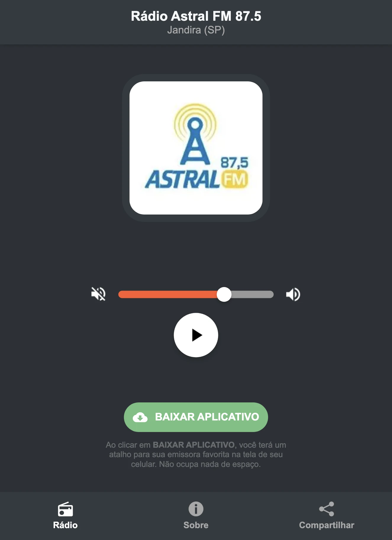 Screenshot do aplicativo da Rádio Astral FM 87.5
