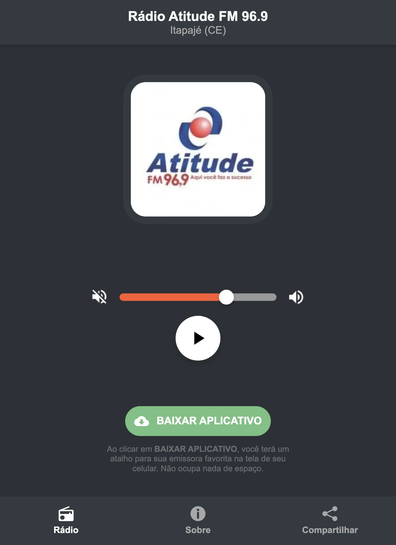 Screenshot do aplicativo da Rádio Atitude FM 96.9
