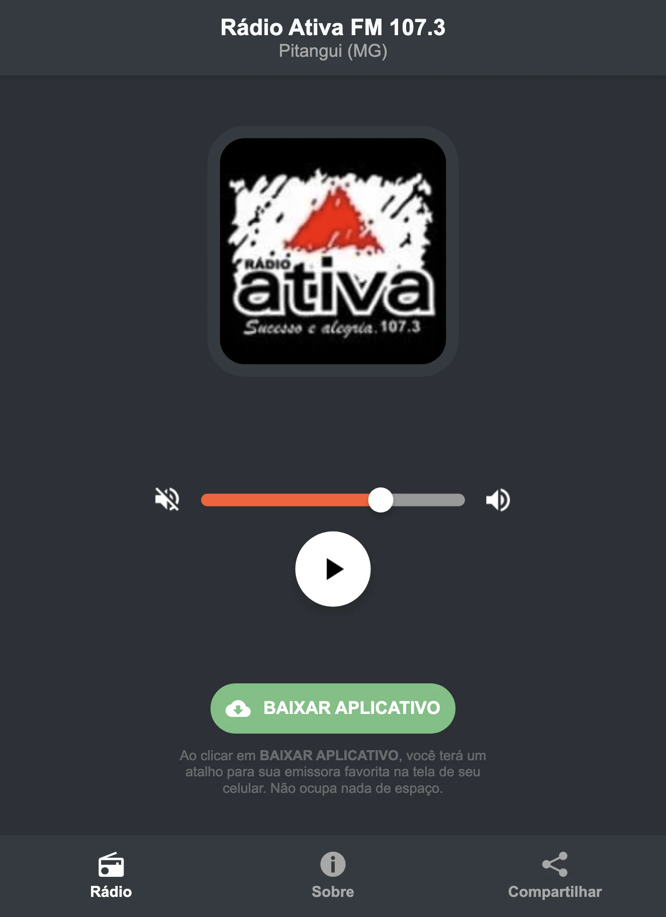 Screenshot do aplicativo da Rádio Ativa FM 107.3
