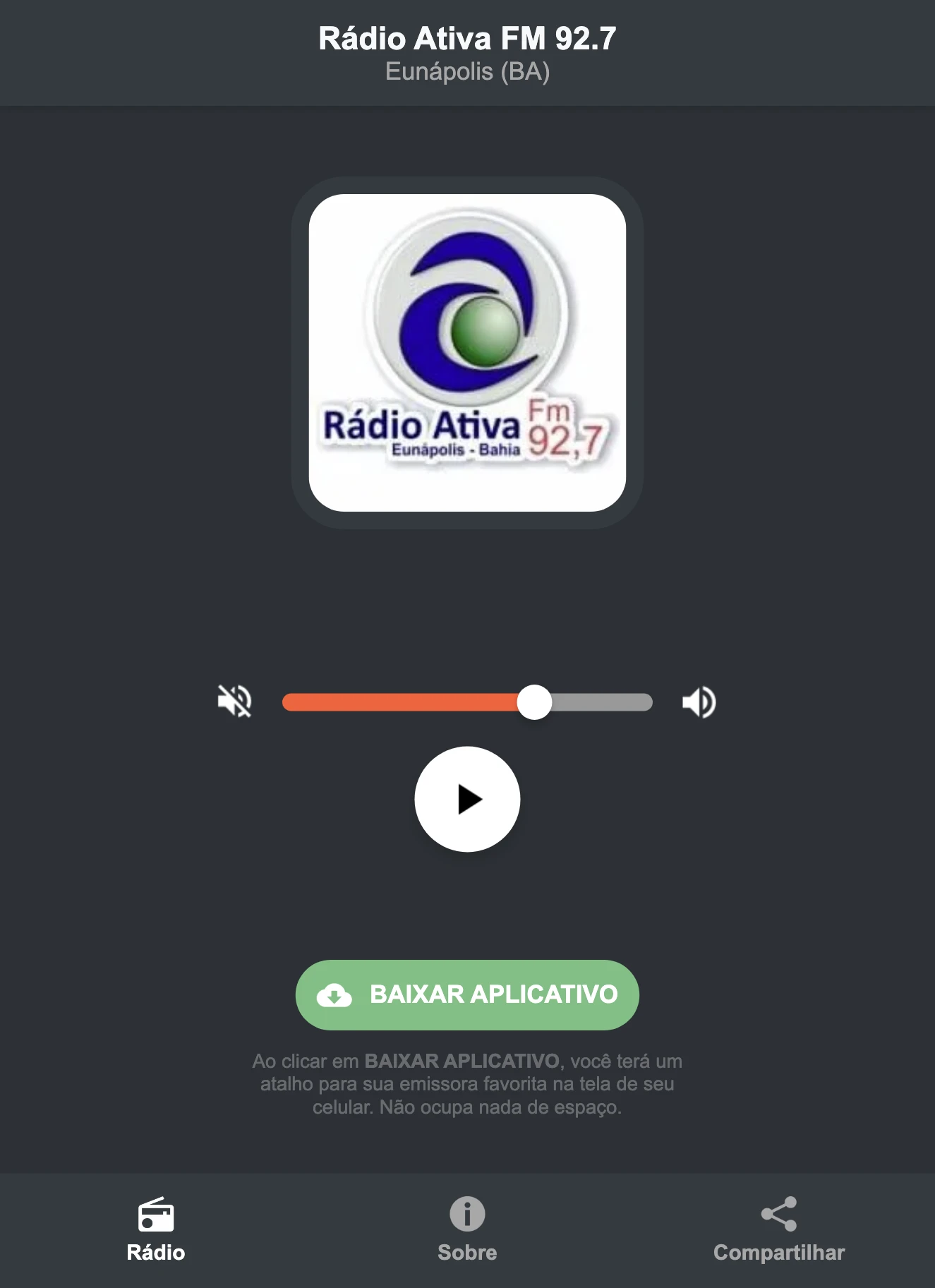 Screenshot do aplicativo da Rádio Ativa FM 92.7