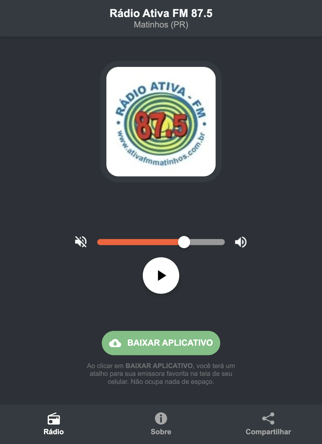 Screenshot do aplicativo da Rádio Ativa FM 87.5