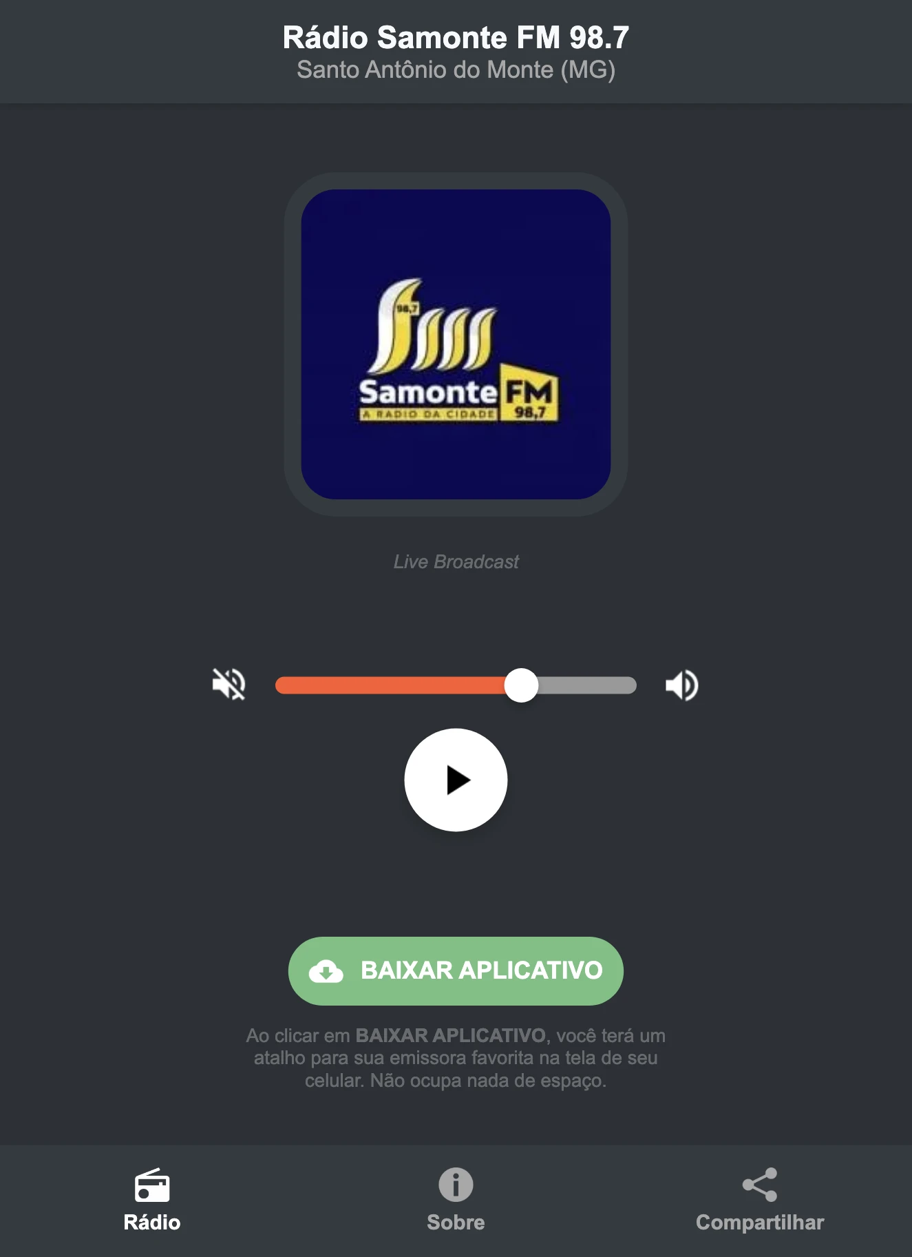 Screenshot do aplicativo da Rádio Samonte FM 98.7